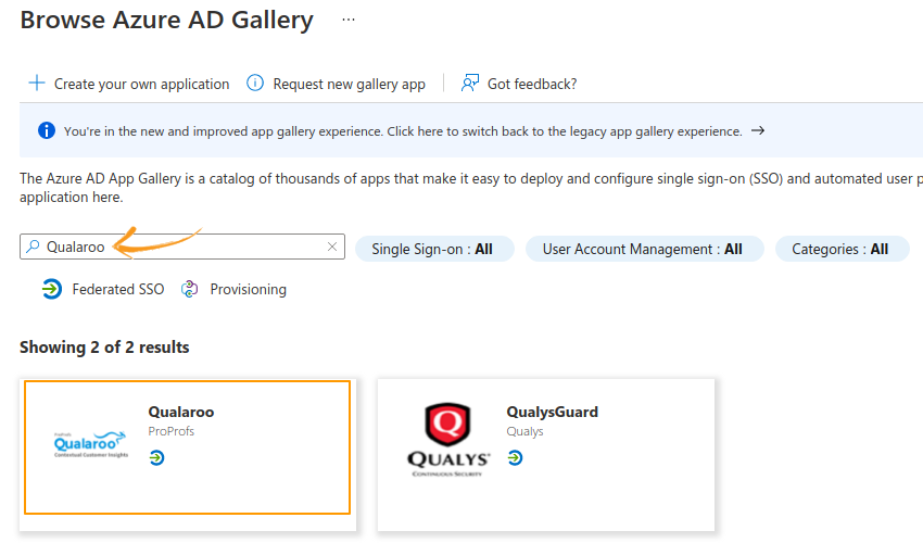 Searching Qualaroo in the Azure AD Gallery