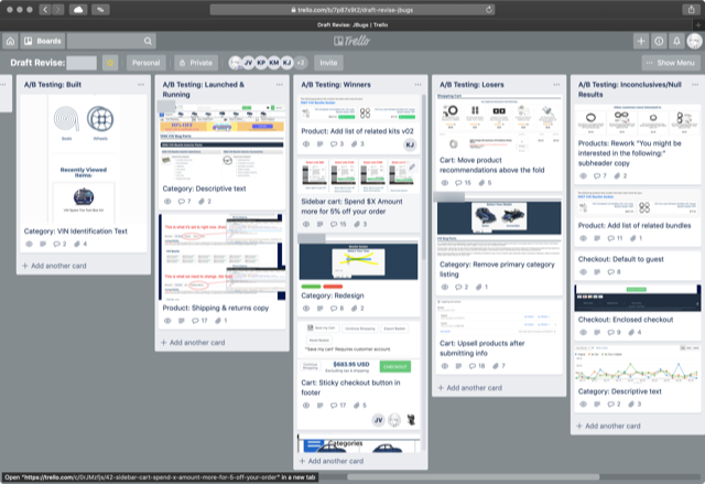 A trello board used to sort and plan a variety of a/b testing ideas.