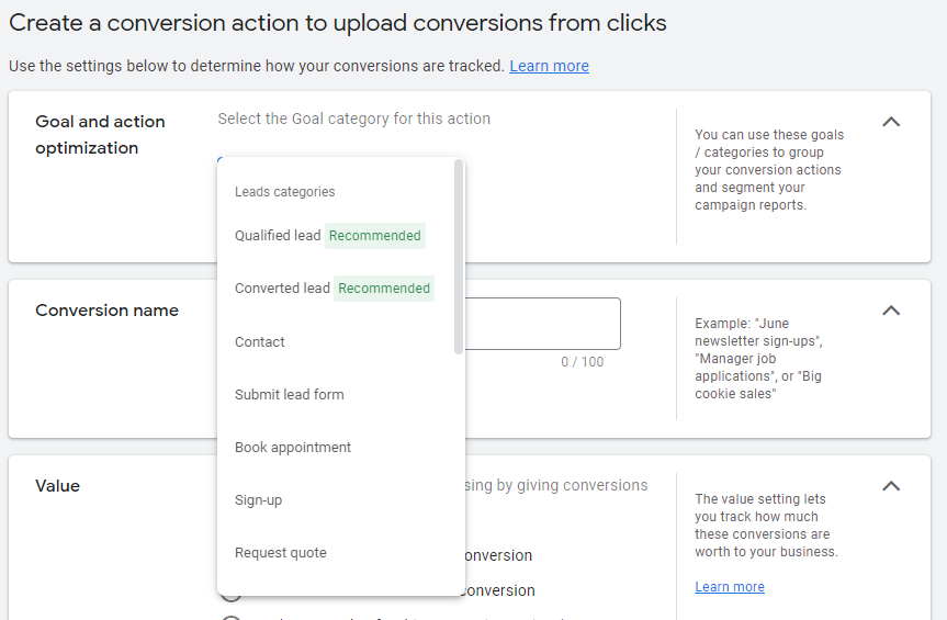 Google Ads - Create a conversion action to upload conversions from clicks