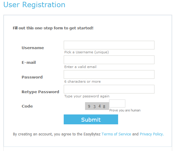 Easybytez user registration form