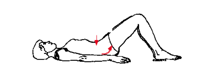Although this picture is shown in the supine (laying face up) position, the concept is the same while sitting down in seat.  Draw the abdomen in, engaging the transverse abdominis (muscles on the side) and allow your pelvis to slight rock back feeling the engagement of the core and relaxing the muscles in the back.