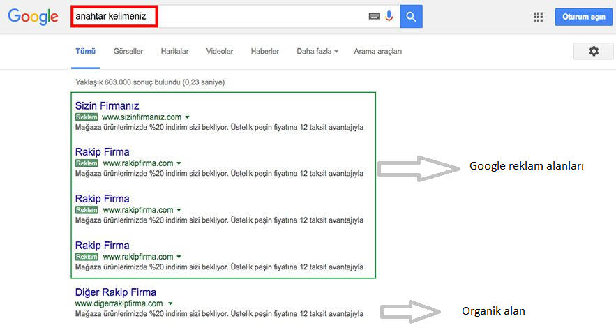 google arama ağı reklam kampanyası
google reklam alanları
organik alan