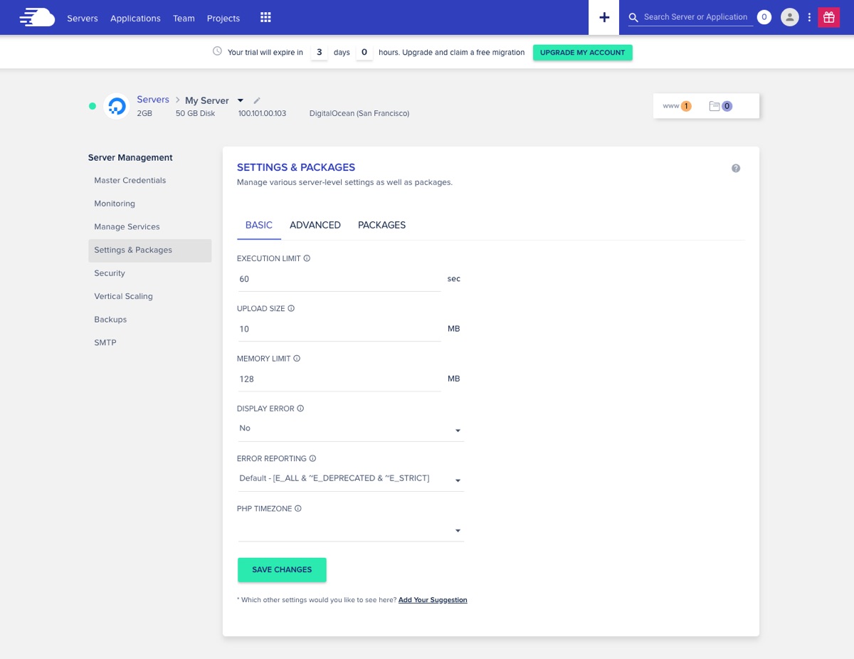 Configurações e pacotes do servidor Cloudways