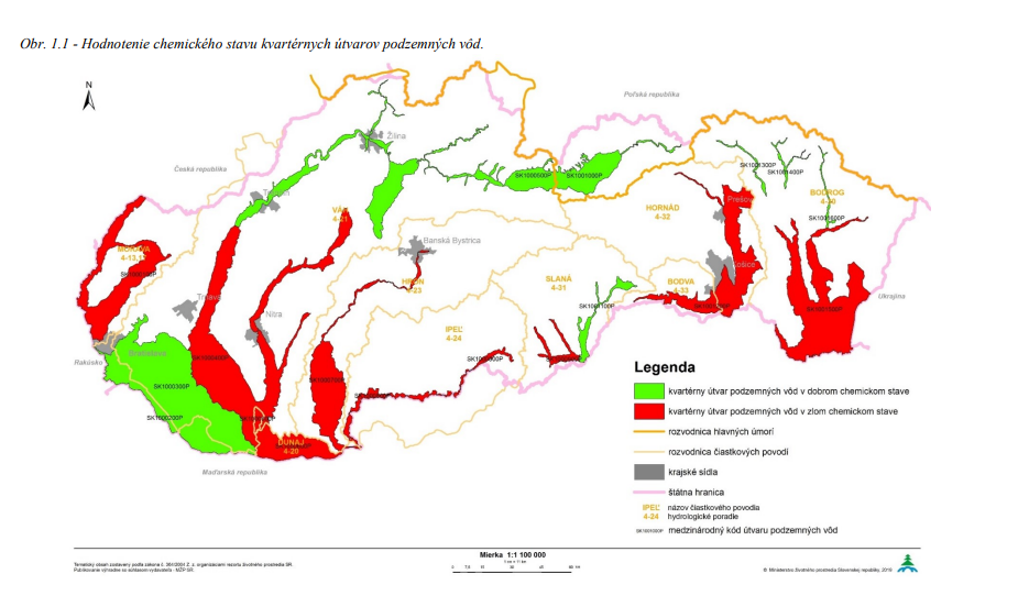 mapa slovenska s vyznačeným stavom podzemných vôd