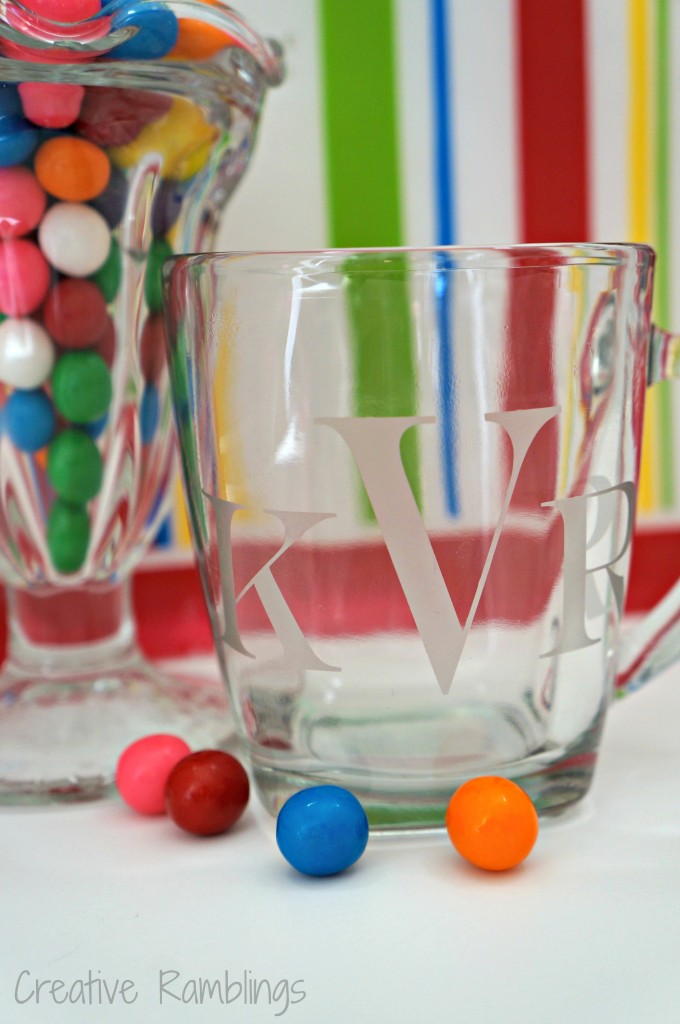 etched glass mug using a Silhouette, filled with gumballs for a simple sweet gift