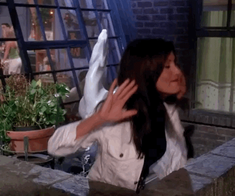 Giphy clip of Monica from Friends shouting "I'm engaged" on a balcony.