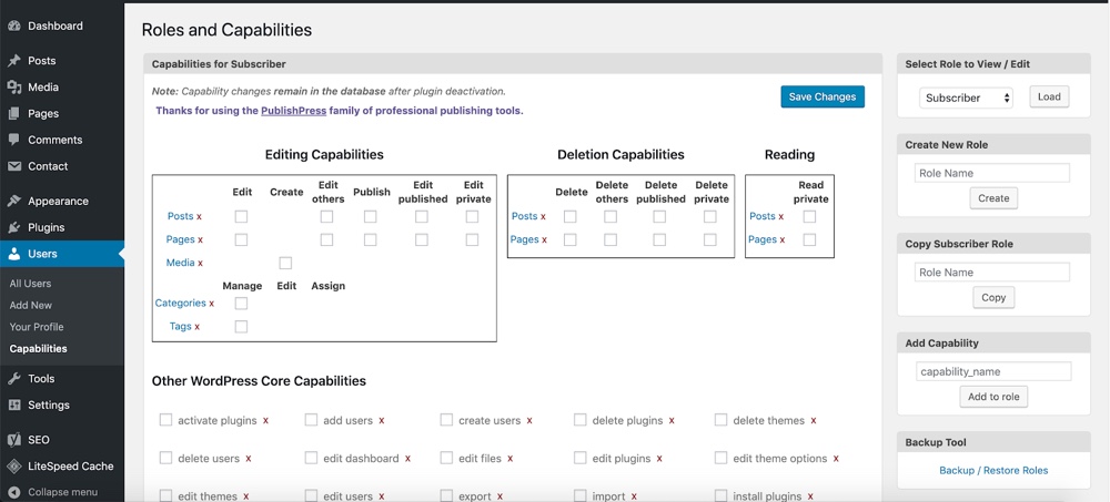 Painel de opções aprimoradas do Capability Manager