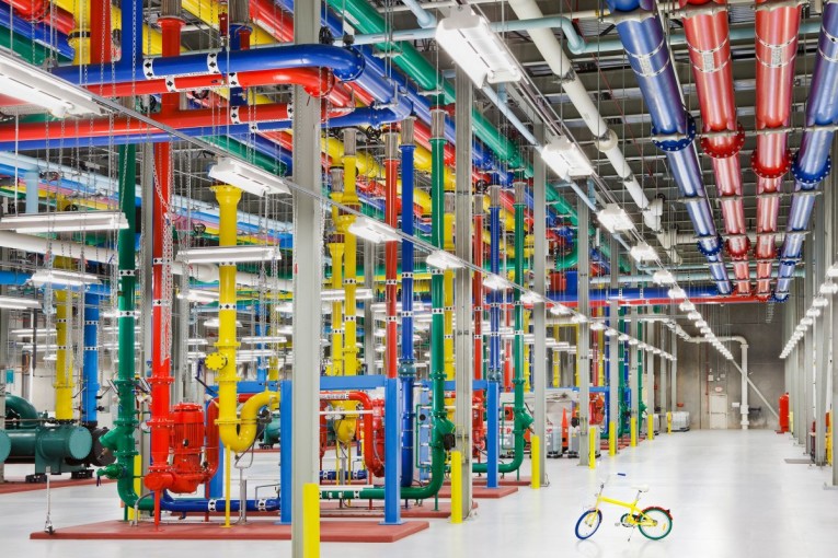 here-is-a-view-inside-the-douglas-county-georgia-data-center-the-colorful-pipes-send-and-receive-water-for-cooling-the-facility-bikes-are-the-preferred-method-of-transportation-inside-the-massive-center