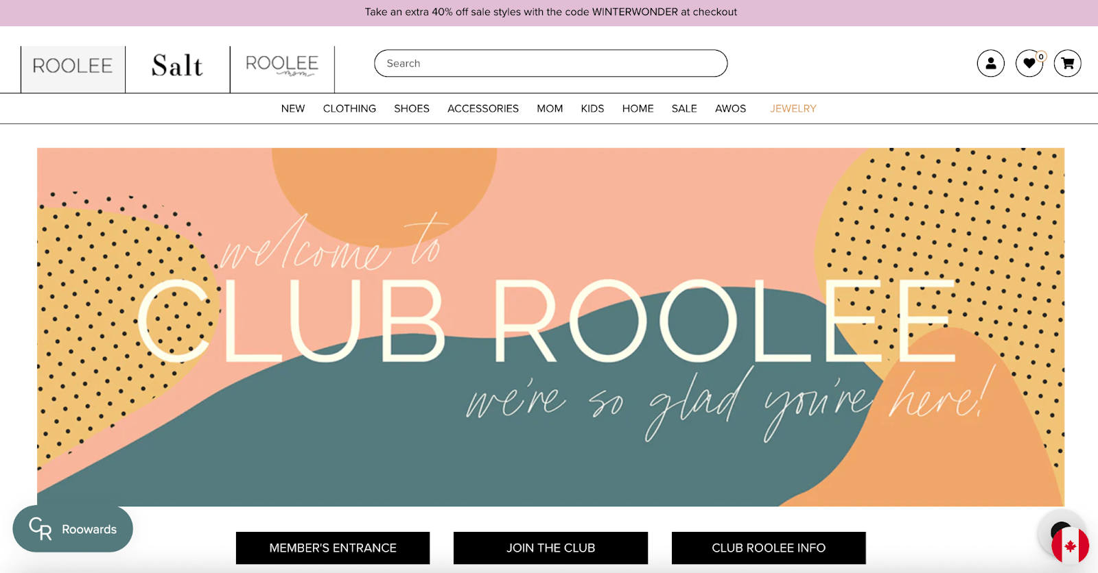 Fashion Industry Loyalty Program Examples–A screenshot from ROOLEE’s rewards program explainer page. The page background is a multicolored abstract design. The text reads, “Welcome to Club ROOLEE. We’re so glad you’re here!” There are buttons for logging in, signing up, or getting more information. 