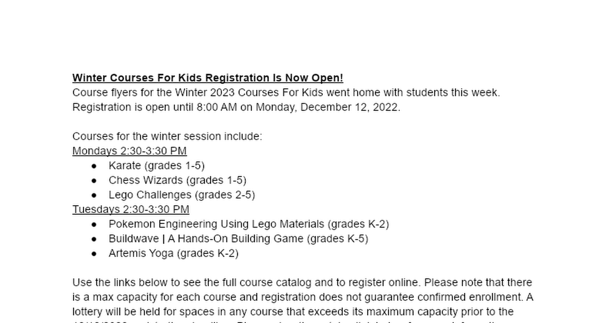 Winter Courses For Kids Registration Is Now Open! - Hosmer