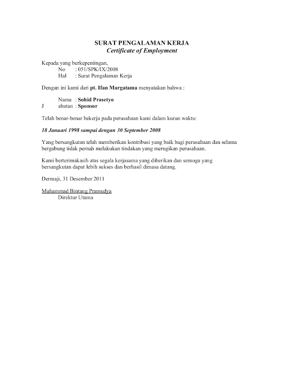 Contoh Surat Pengalaman Kerja Word : Surat Pengalaman Kerja Docx - Contoh surat keterangan kerja untuk visa bahasa inggris.