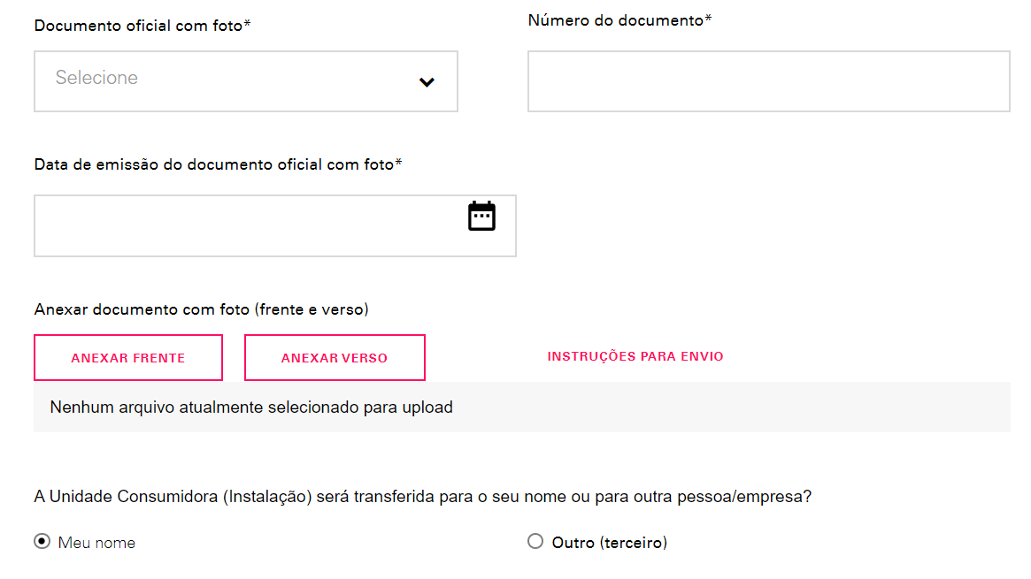 Informe os dados de registro do novo cliente e anexe uma foto do documento de identificação, com frente e verso. Também, informe se a instalação será transferida para o seu nome ou outra pessoa/empresa.