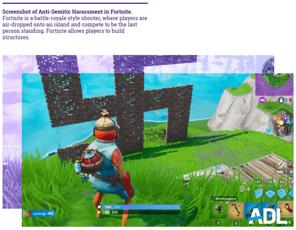 A screenshot from the game Fortnite in which someone has created a swastika as anti-Semitic harassment.