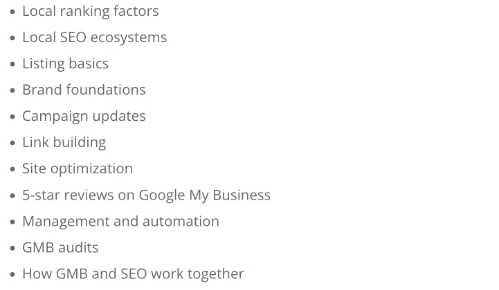 Image of what's inside the Google My Business SEO Specialist free course