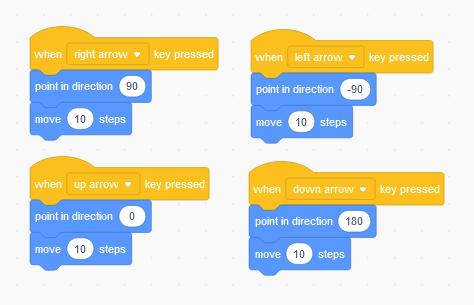 Scratch code for moving a sprite with left and right and up and down keys