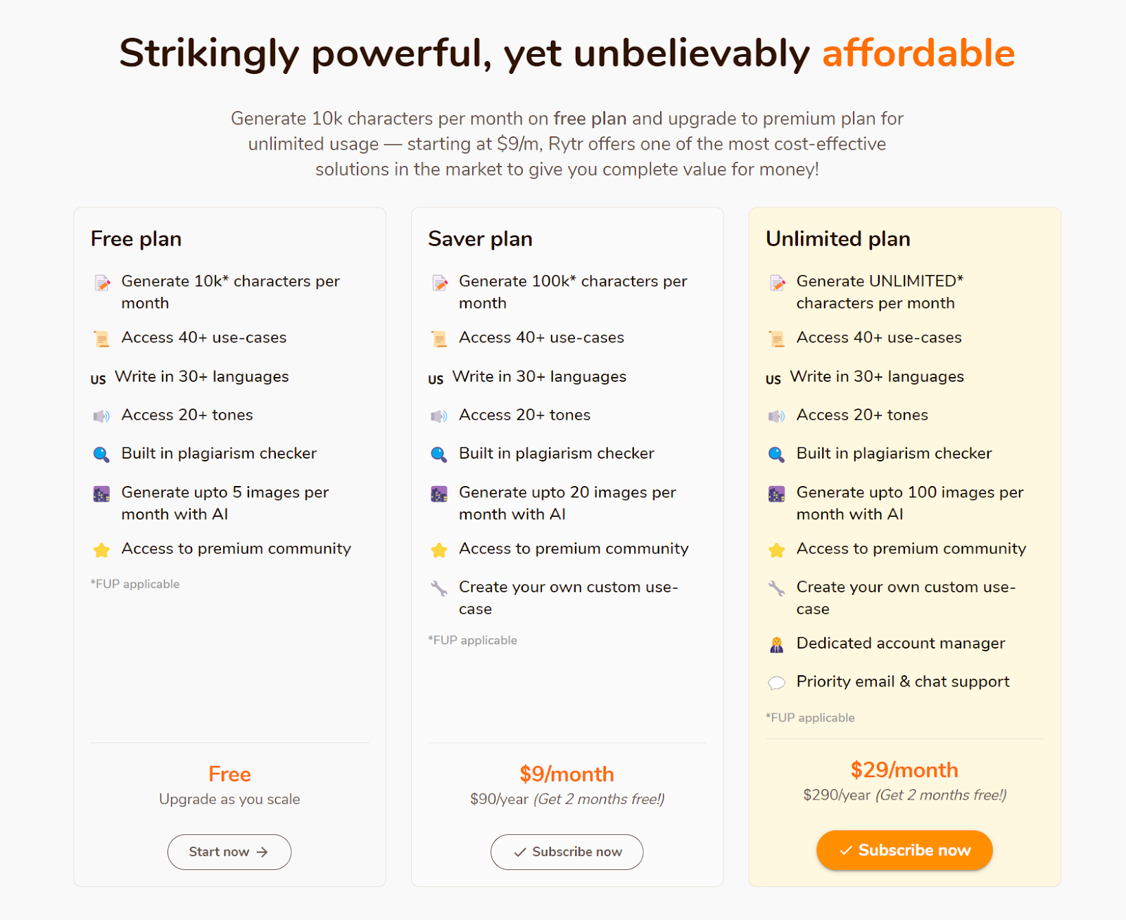 Rytr AI writing tool pricing plans
