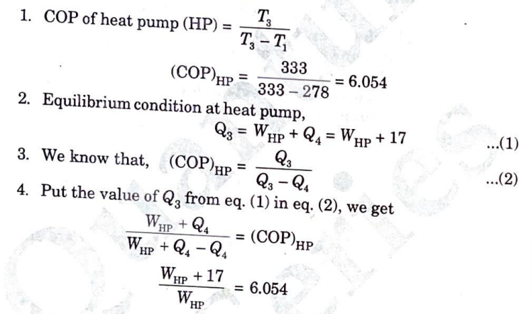 A heat pump working on the Carnot cycle takes in heat from a reservoir at 5 ℃ and delivers heat to a reservoir at 60 ℃. The heat pump is driven by a reversible heat engine which takes in heat from a reservoir at 840 ℃ and rejects heat to a reservoir at 60 ℃. The reversible heat engine also drives a machine that absorbs 30 kW. If