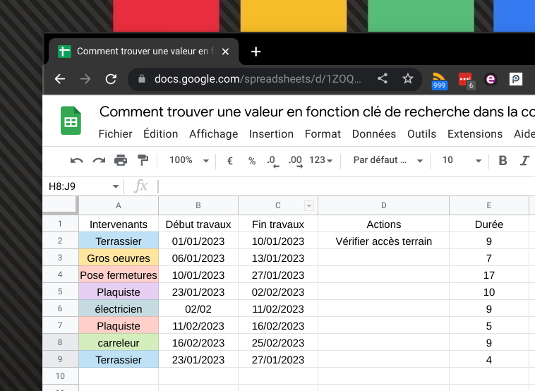 Tableau de données Google Sheet