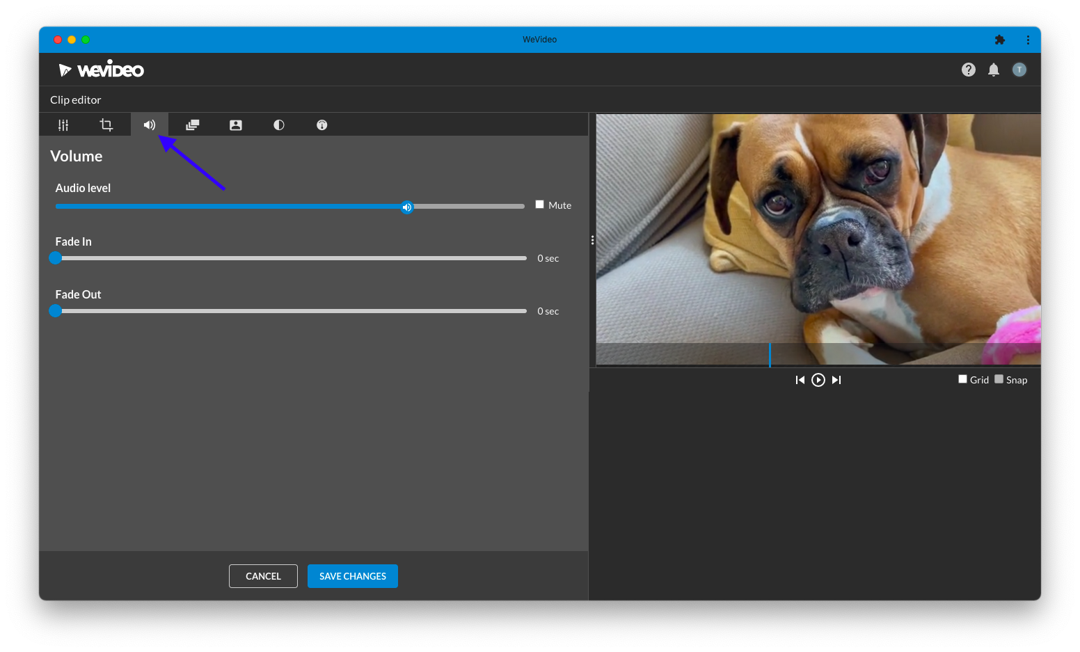 WeVideo online video editor's Clip editor window.