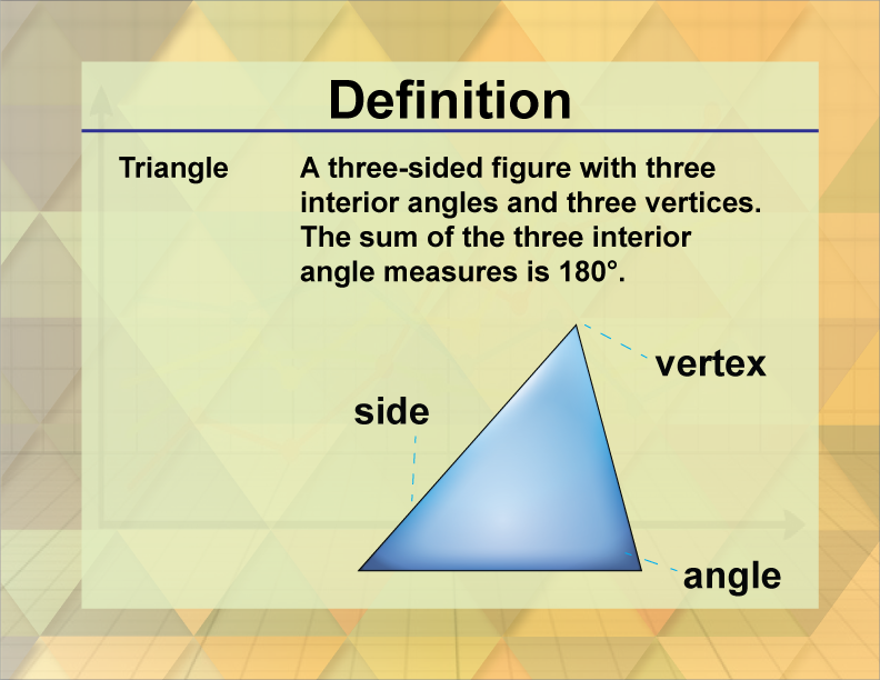 Triangle. A three-sided figure with three interior angles and three vertices. The sum of the three interior angles measures is 180°.