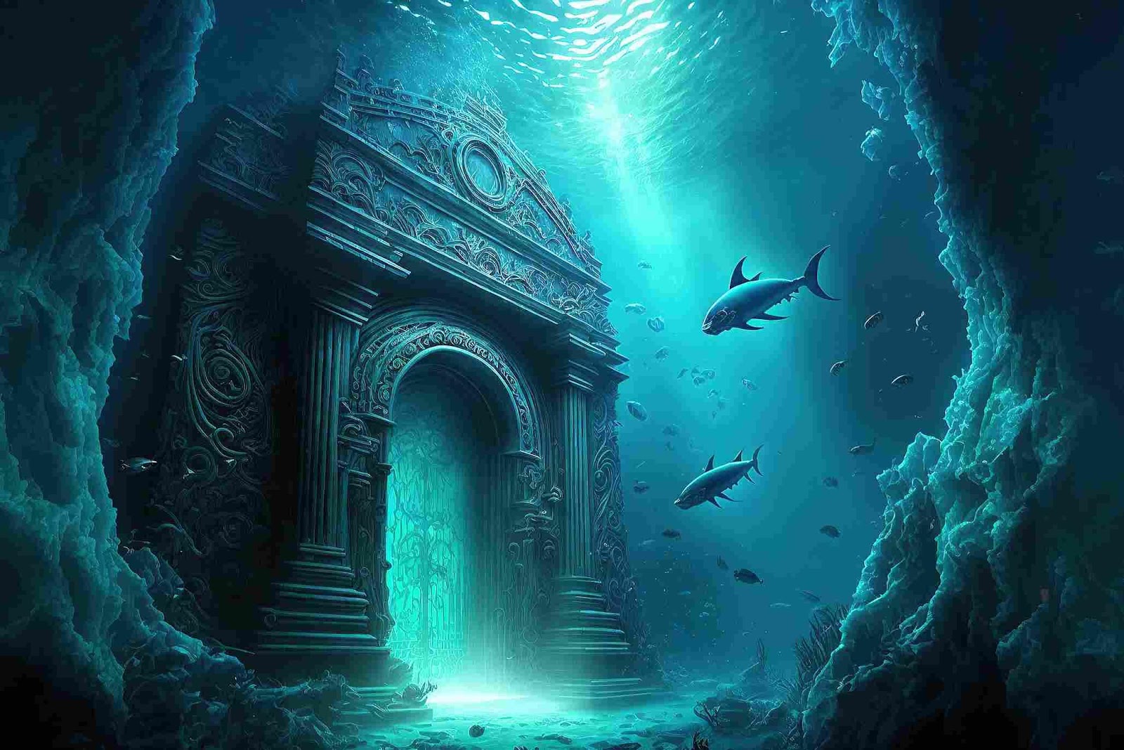 A underwater scene with a building and fish

Description automatically generated