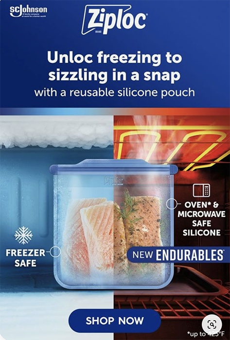 Tearsheet of Ziploc Endurable bag filled with salmon in both freezer and oven shot by Chicago-based food photographer Morgan Ione.