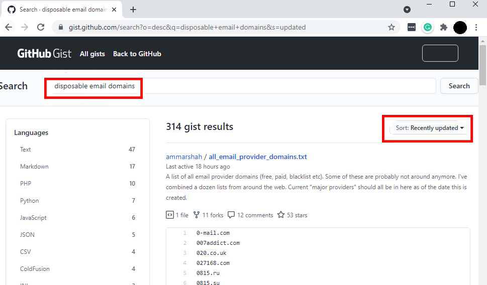 Search for a List of Disposable Email Romains on GitHub Gist