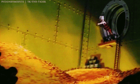 Uncle Scrooge diving into gold coins GIF