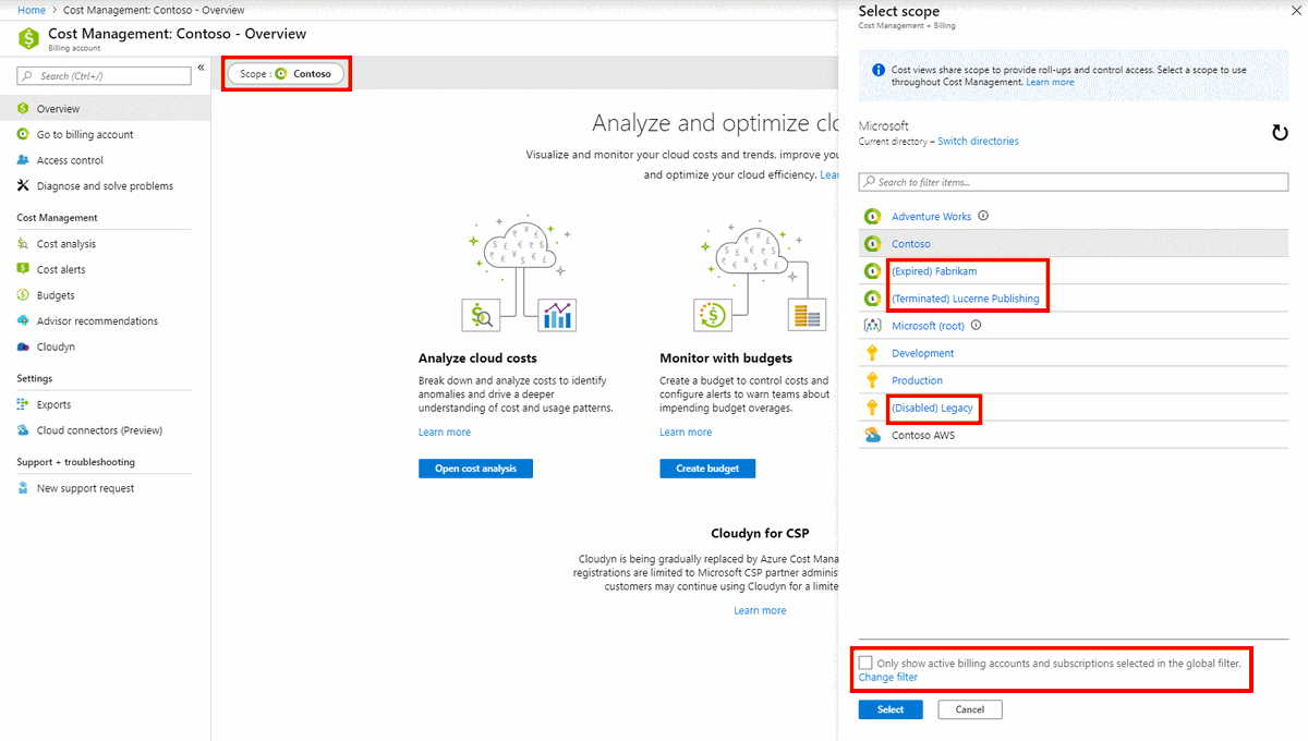 Azure Cost Management + Billing on Twitter: "Working with scopes just got a  little easier: #AzureCostManagement now prioritizes active billing accounts  and hides inactive ones by default in the scope picker, helping