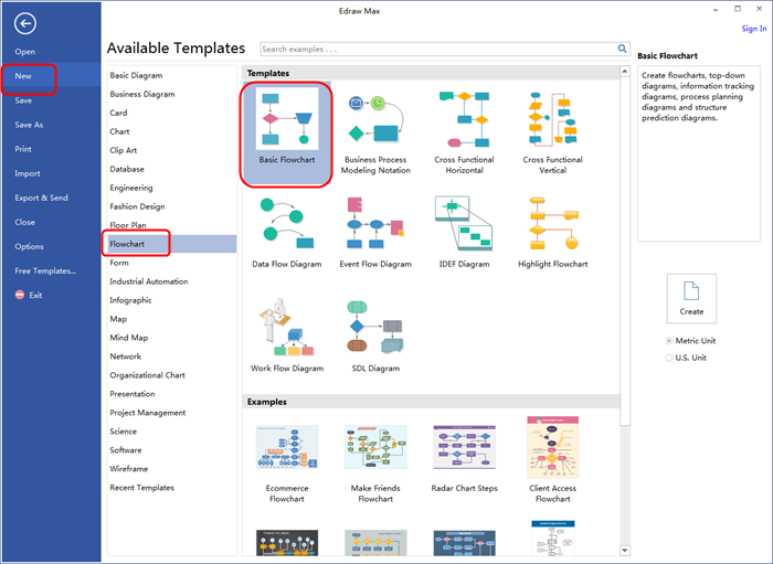 start creating a Visio flowchart