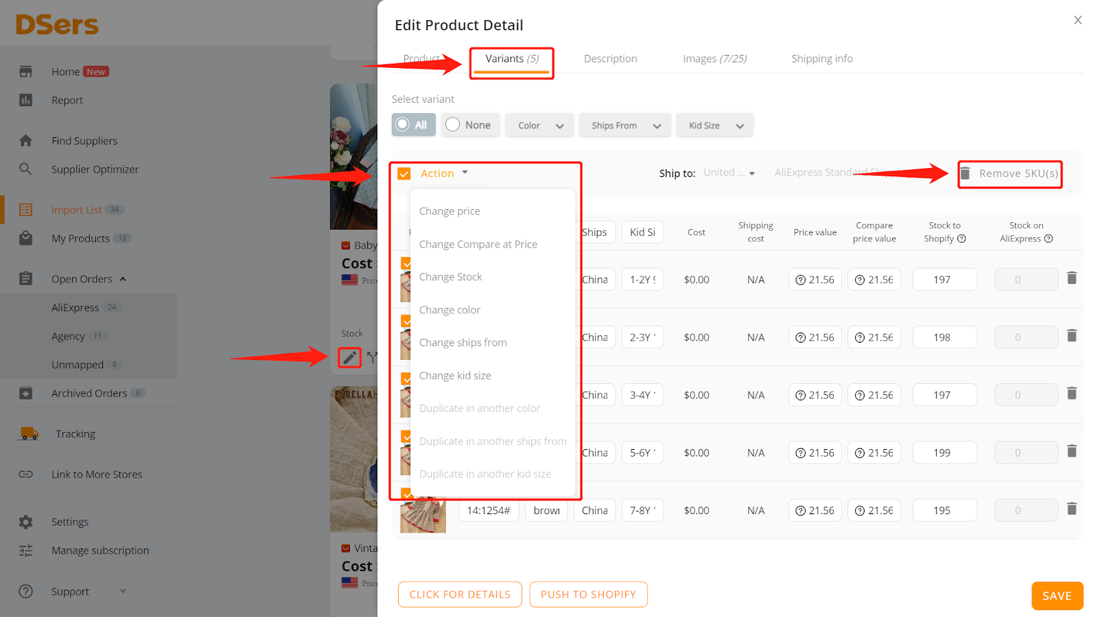 DSers Customization Tools - Bulk-manage Product Variants Selling Details - DSers