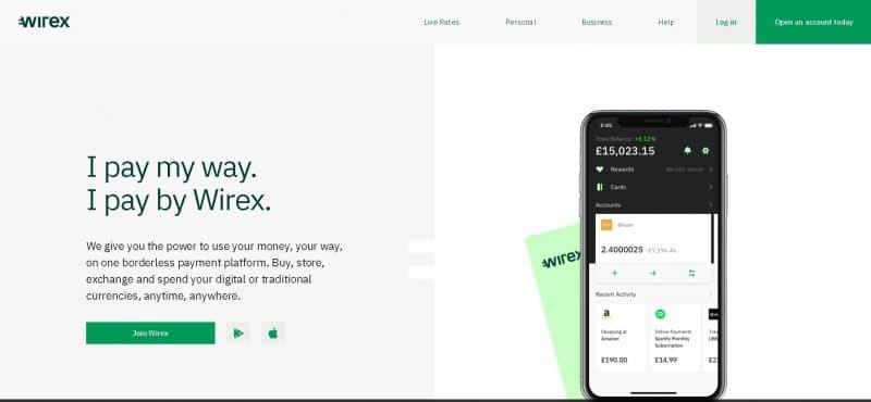 Page d'accueil de Wirex, site sur lequel vous pourrez acheter du Bitcoin avec Paypal