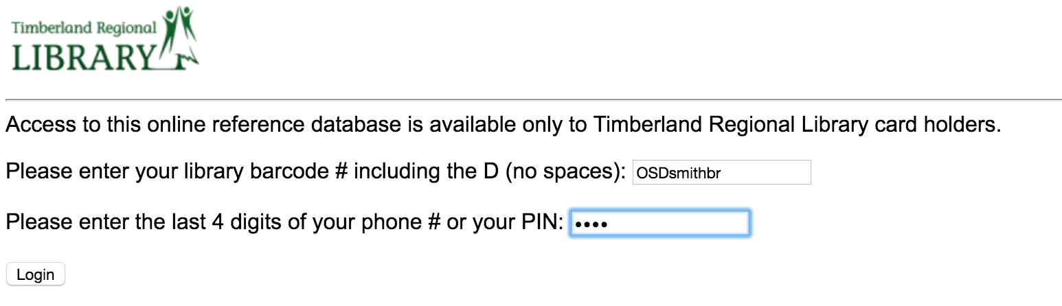 TRL database login prompt, which shows an example the fields for patron to enter library card number and PIN.