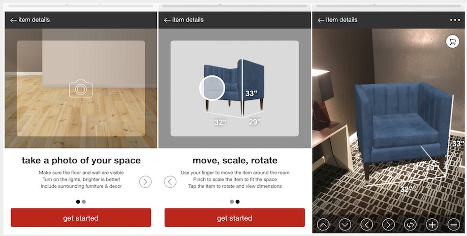 This picture lists the steps to complete to place Project 62 furniture in your space.  It is a simple process that does not require an app.  Customers are excited to be able to put Tarjay furniture in their home without purchasing it.