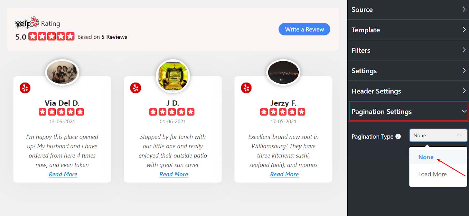 Yelp reviews Pagination Settings