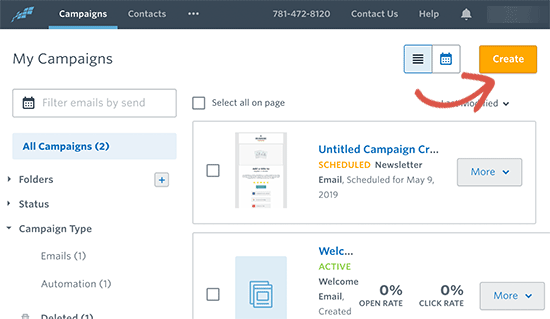 Criar nova campanha de contato constante