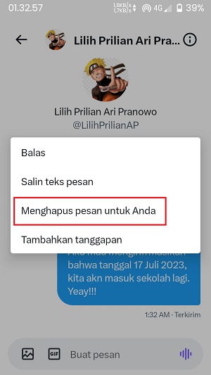 Di DM Twitter, kamu hanya akan menemukan opsi menghapus pesan untuk diri sendiri.