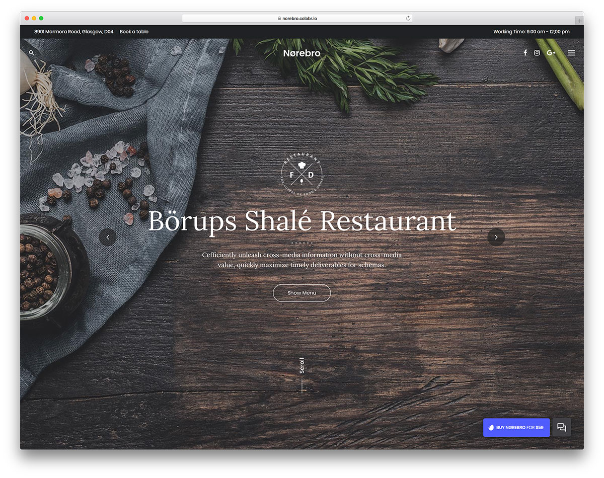 Tema de WordPress de restaurante a pantalla completa