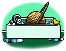 Cartoon image of Saturn floating in a bathtub
