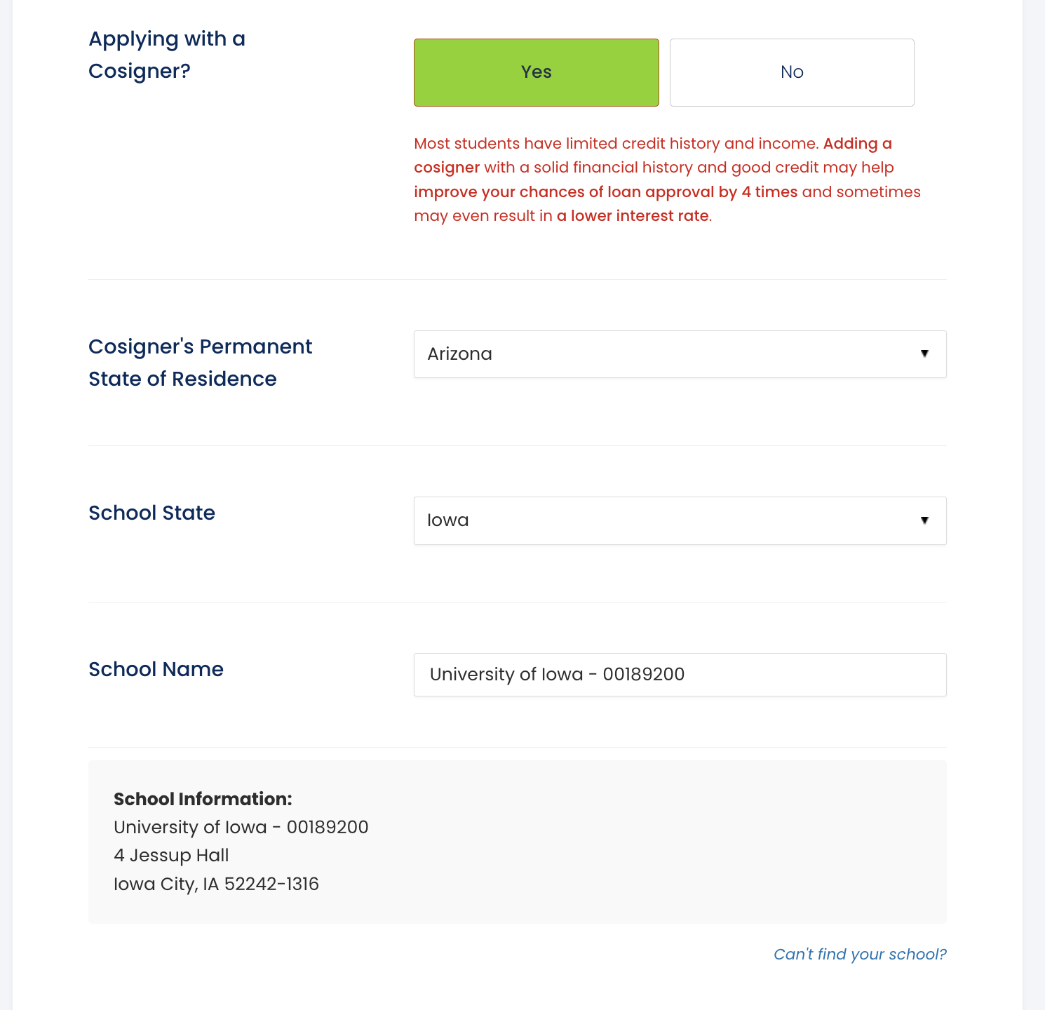 Screenshot of Union Federal private student loan application