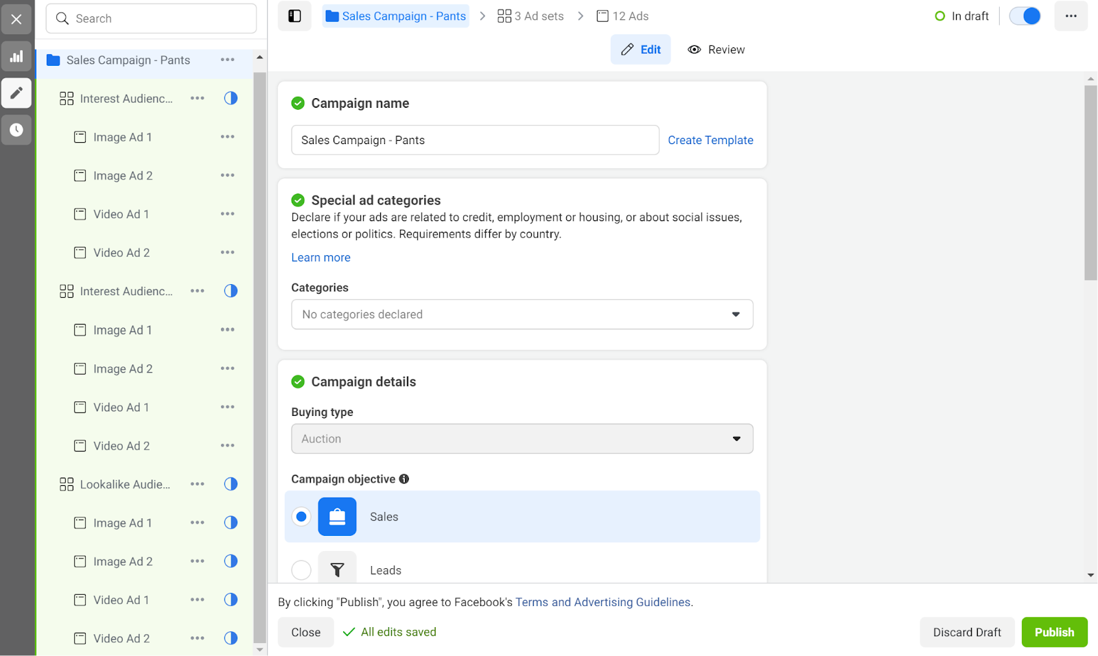 Facebook campaign structure overview screen