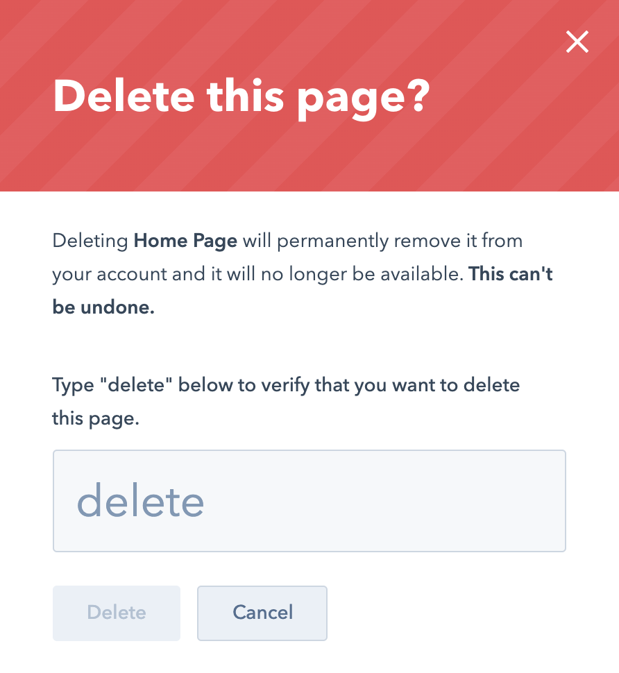 Screenshot of a warning asking the user to confirm they want to delete a page