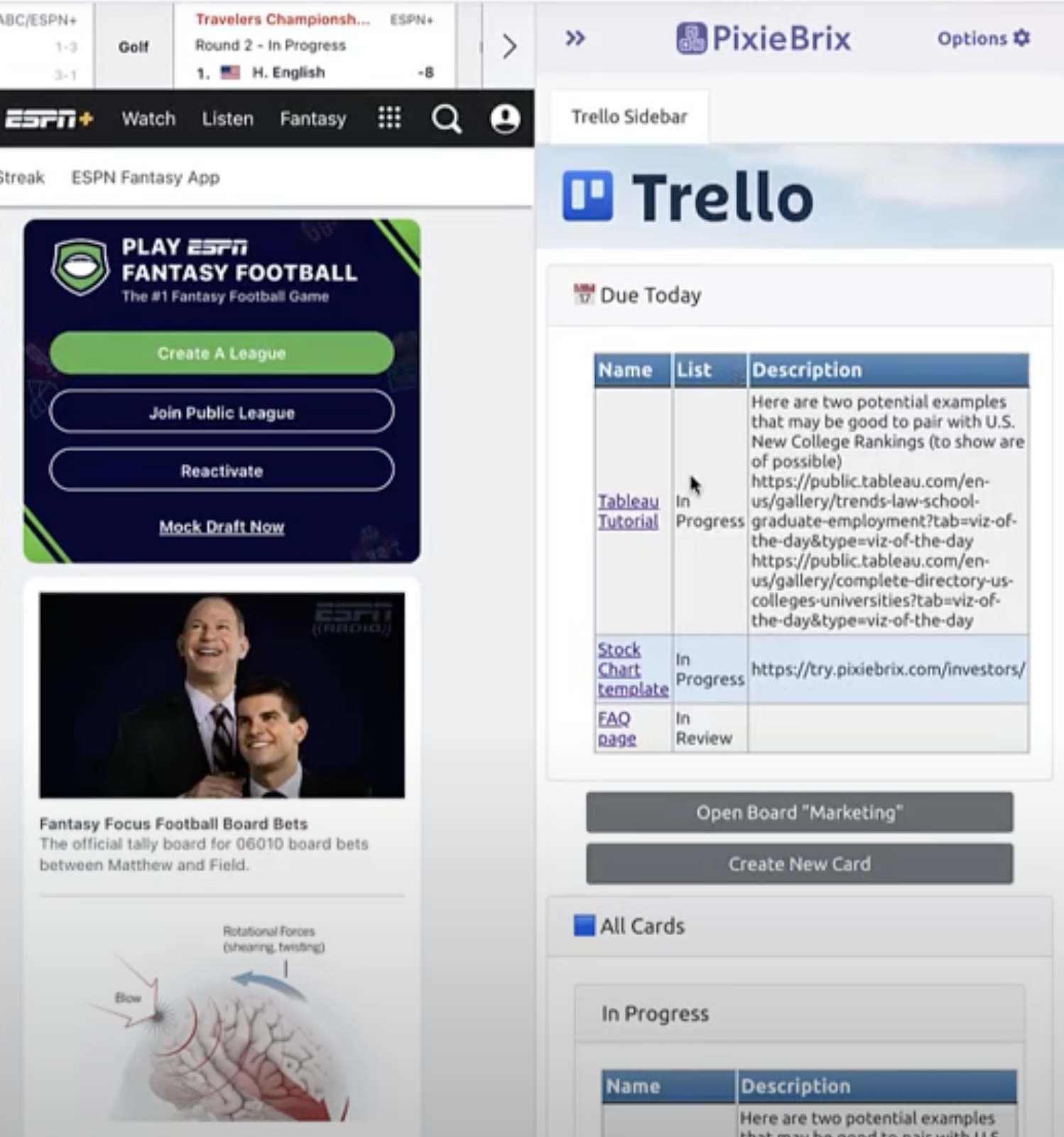 A screenshot of the Trello sidebar extension for Chrome, built with PixieBrix