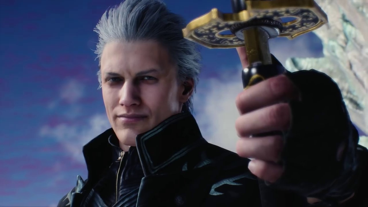 Vergil from devil may cry in front of a night sky