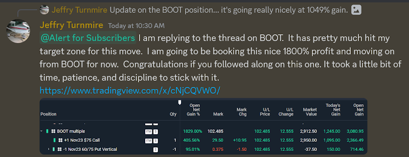 Jeffry's announcement in his Discord channel closing the position at at 1800% gain.