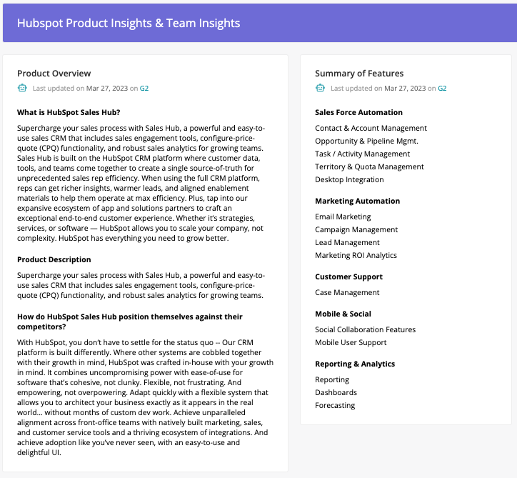 Product overview for HubSpot in a Kompyte Battlecard