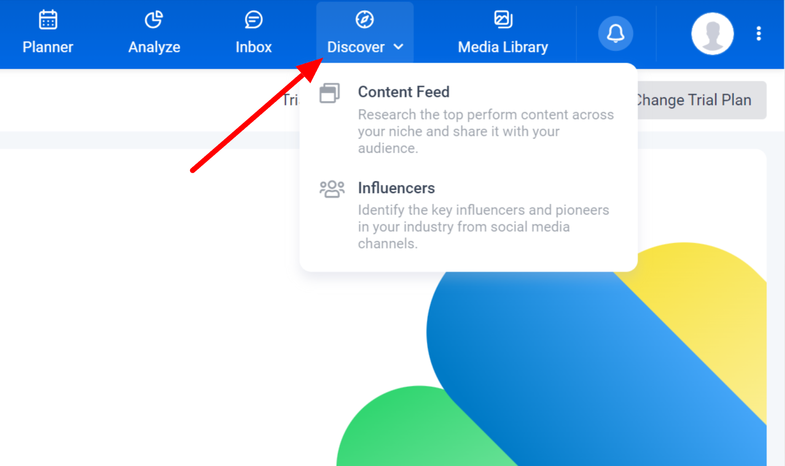 Selecting "Discover" to reveal the Content Feed and Influencers options in ContentStudio.