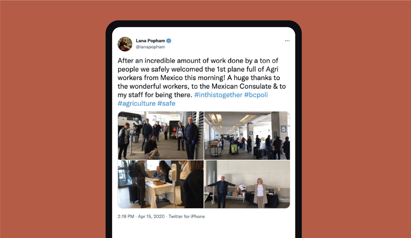 Mobile phone with screenshot of a Tweet announcing the successful arrival of farm workers from Mexico into Vancouver, supporting the success of our co-design project work.