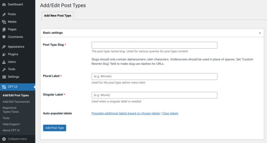 Menu CPT-UI do WordPress, seção de adicionar novo tipo de post