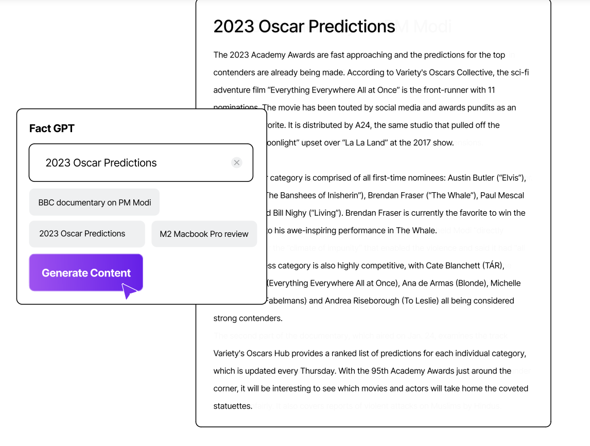 A screenshot showing how this website can generate content about current affairs, for instance, 2023 oscar predictions. 